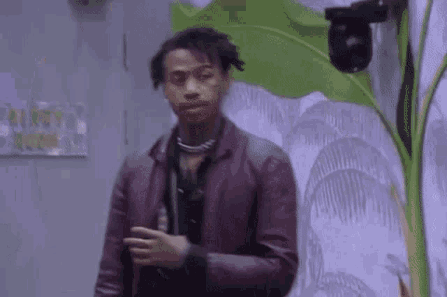 a man in a purple leather jacket is standing in front of a wall with a plant .