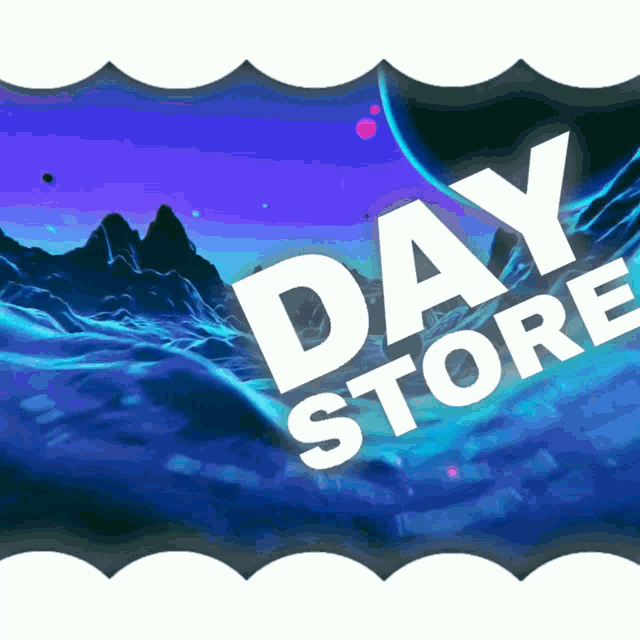 a day store logo with mountains and a planet
