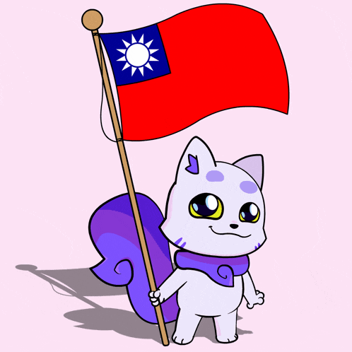 a cartoon cat is holding a red flag with a sun on it