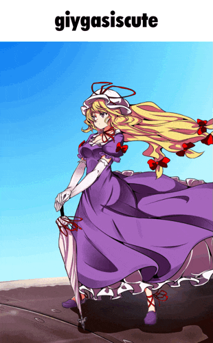 a girl in a purple dress is holding an umbrella with the word giygasicute below her
