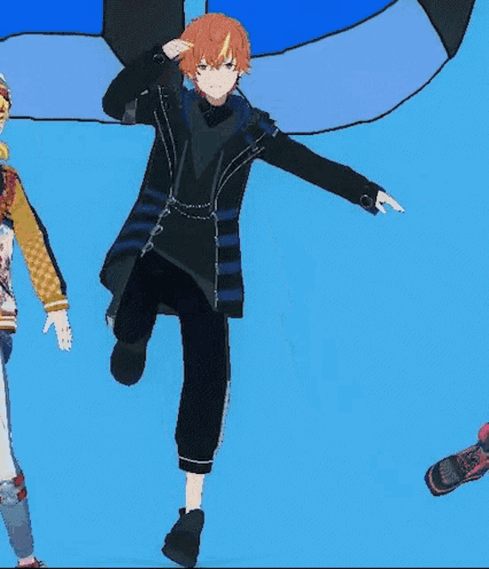a group of anime characters standing next to each other on a blue background