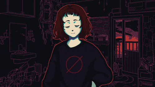 a drawing of a girl with red eyes wearing a black sweater