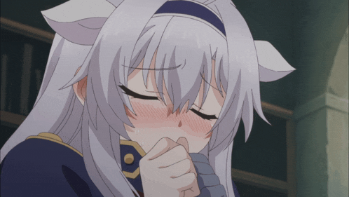a close up of a girl with white hair covering her mouth with her hands