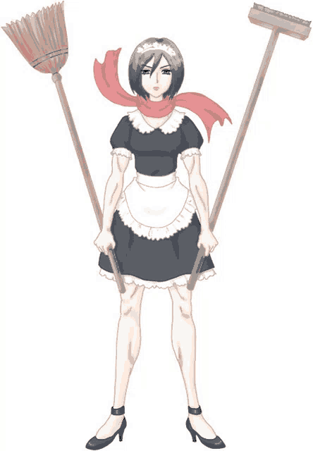 a woman in a maid costume is holding a broom and a mop