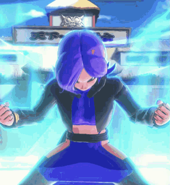 a cartoon character with purple hair stands in front of a building that says ep