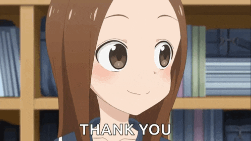 a cartoon girl is smiling and saying `` thank you '' in front of a bookshelf .