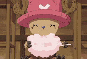a cartoon character wearing a pink hat is eating cotton candy on a stick