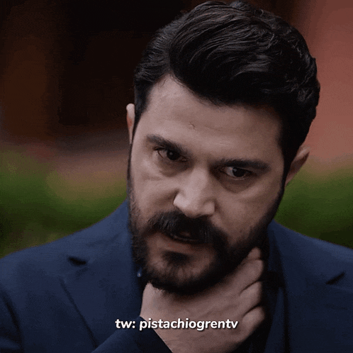 a close up of a man with a beard and mustache with the words tw : pistachiogrentv next to him