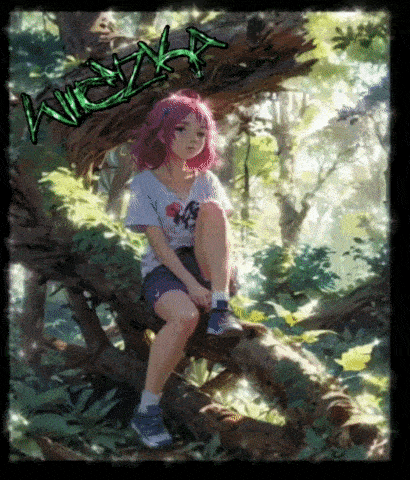 a girl with pink hair is sitting on a tree branch with a green sticker that says wizna