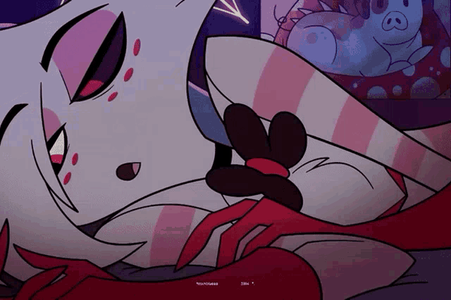 a cartoon character is laying down with a stuffed animal on her lap and a purple background