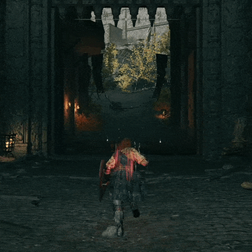 a person in a video game is standing on a cobblestone street