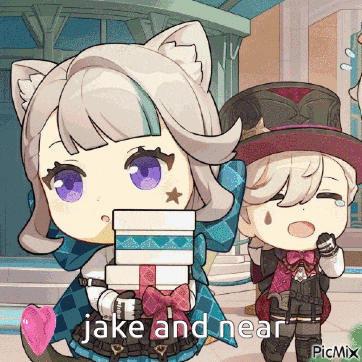 a picture of a girl holding a stack of books with the words " jake and near "