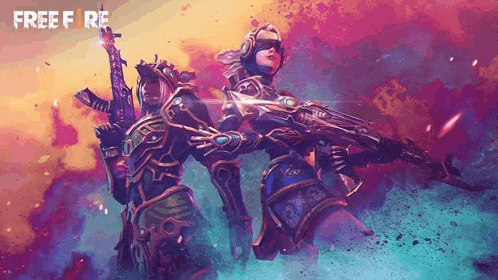 a man and a woman are standing next to each other in armor holding guns .