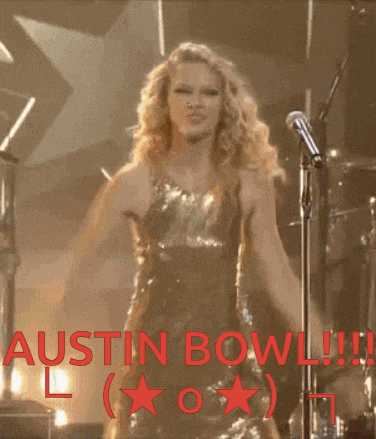 a woman in a gold dress stands in front of a microphone with the words austin bowl written on the bottom