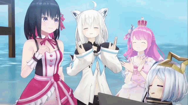 a group of anime girls standing next to each other with one wearing a crown