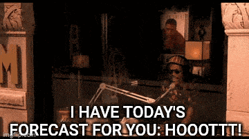 a man sitting in front of a microphone says " i have today 's forecast for you hooott "