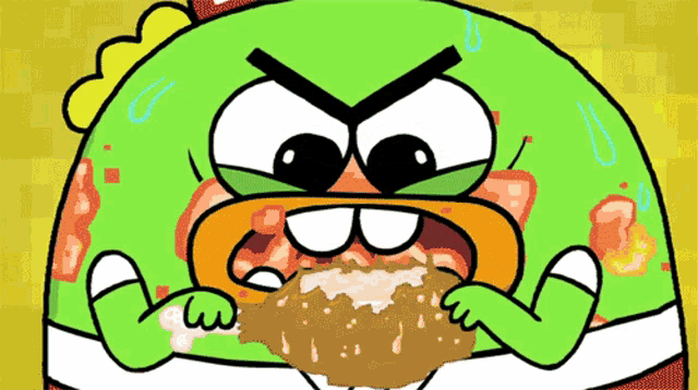 a green cartoon character is eating a burger