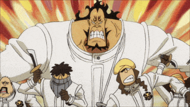 a group of cartoon characters are holding knives in front of a large man with a beard