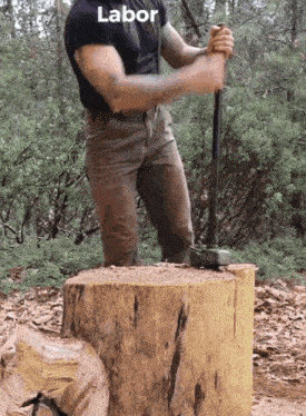 a man is using a hammer to chop a tree stump with the word labor below him