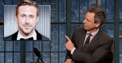 Seth Meyers Admiring Ryan Gosling / Late Night / GIF - Seth Meyers Ryan Gosling Late Night GIFs