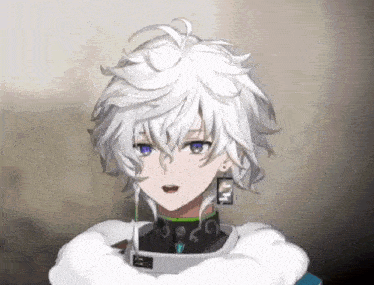 a cartoon character with white hair and blue eyes is wearing a white coat