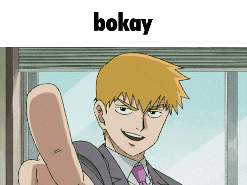a cartoon of a man in a suit and tie giving the middle finger with the word bokay above him
