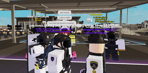 a screenshot of a video game shows a group of police officers standing in a parking lot