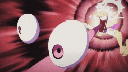 a cartoon character with huge eyes is being attacked by a purple monster .