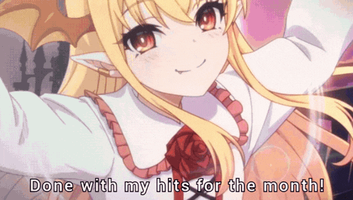a picture of a girl with the words done with my hits for the month below her