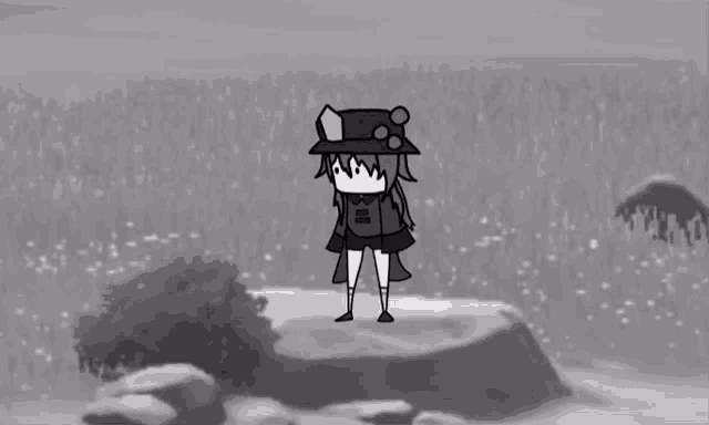 a black and white drawing of a girl standing on top of a rock .