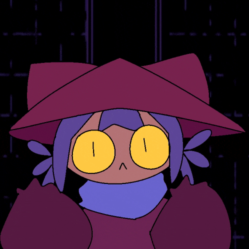 a cartoon character with yellow eyes and a hat