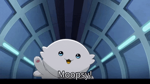 a cartoon character says moopsy in front of a tunnel
