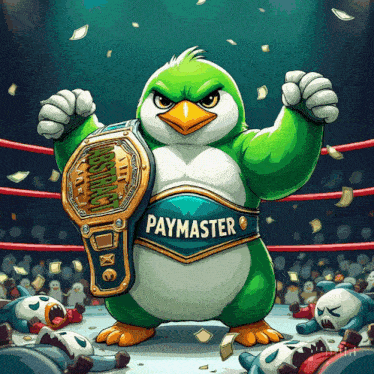 a cartoon penguin with a paymaster belt around its waist