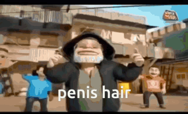 a cartoon character is giving a thumbs up and the words penis hair are on the bottom