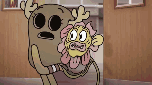 a cartoon character is holding a flower with a surprised face