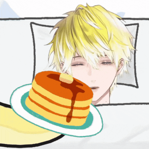 a drawing of a boy sleeping next to a plate of pancakes with syrup
