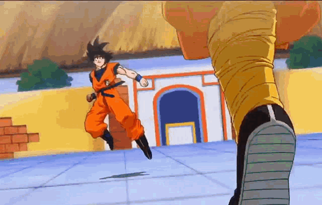 a cartoon character is jumping in the air while another character kicks him