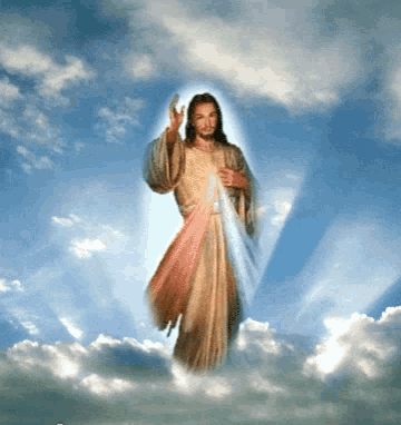 a painting of jesus standing in the clouds with his hand outstretched