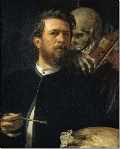 a painting of a man holding a brush and a violin with a skeleton behind him