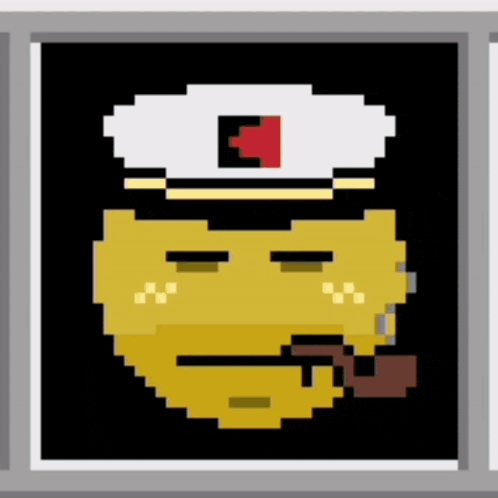 a pixel art drawing of a smiley face wearing a hat and smoking a pipe