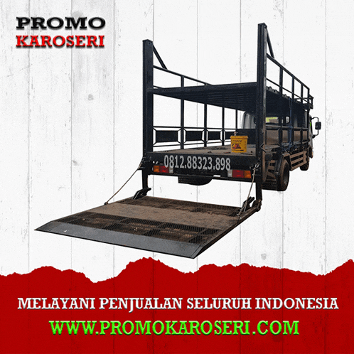 an advertisement for promo karoseri shows a truck with the back open