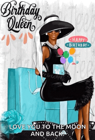 a birthday card for a queen with a woman in a black dress holding balloons