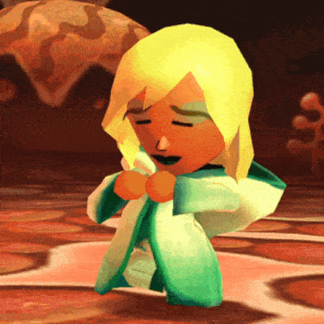 a cartoon character with blonde hair is standing on a red floor with her eyes closed