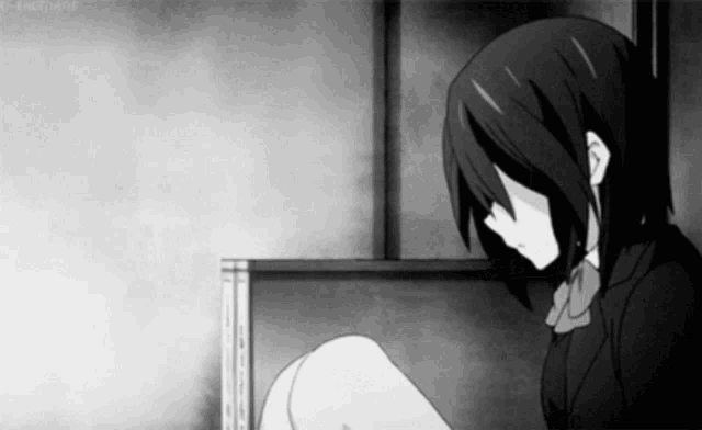 a black and white cartoon of a girl sitting on a bench .