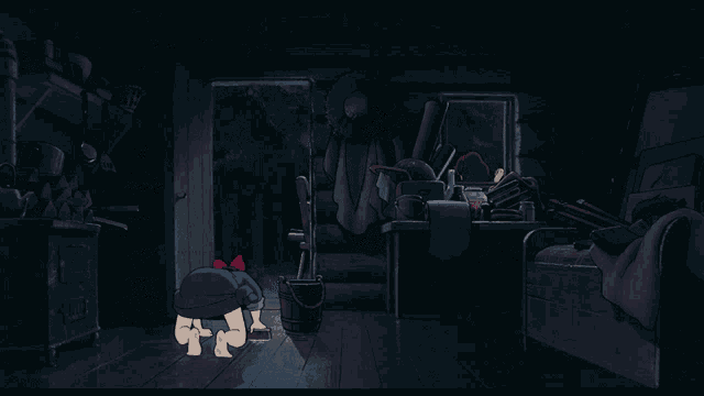 a cartoon of a girl standing in a dark room with a bucket