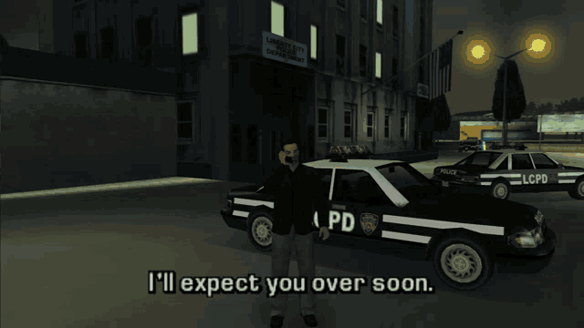 a man standing in front of a lcpd car