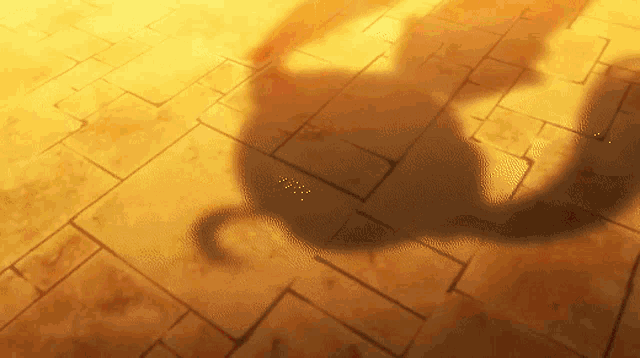 a person 's shadow is cast on a brick floor