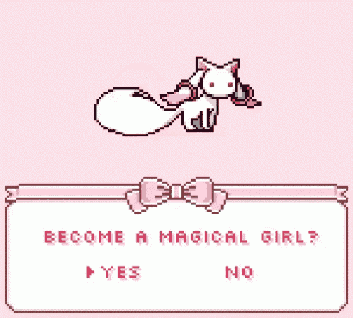 a pixel art of a fox with a bow and the words " become a magical girl "
