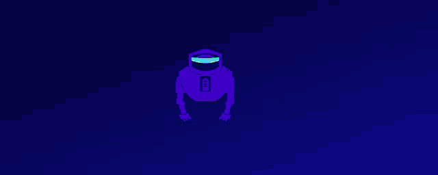a pixel art of a purple robot with a helmet on a blue background