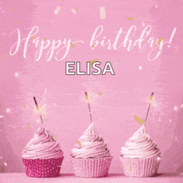 three pink cupcakes on a pink background with the name elisa on it